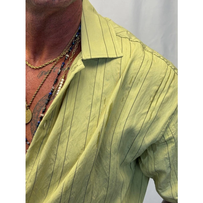 Modal Kısa Kol Çizgili Gömlek Yeşil