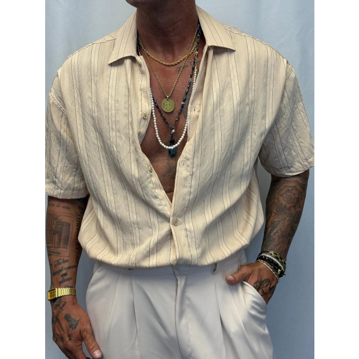 Modal Kısa Kol Çizgili Gömlek Krem