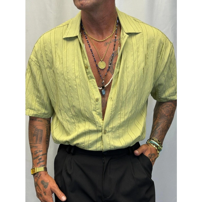 Modal Kısa Kol Çizgili Gömlek Yeşil