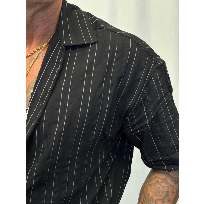 Modal Kısa Kol Çizgili Gömlek Siyah