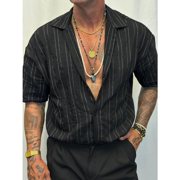 Modal Kısa Kol Çizgili Gömlek Siyah