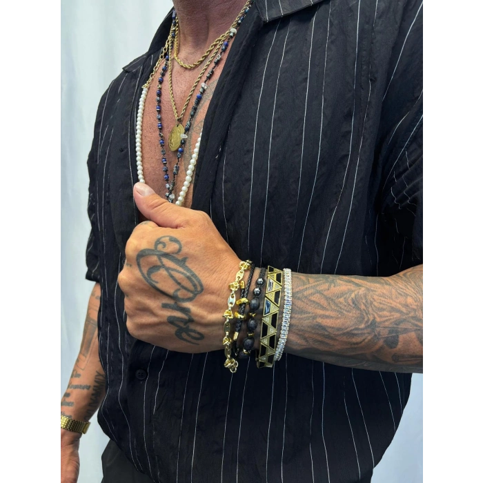 Modal Kısa Kol Çizgili Gömlek Siyah