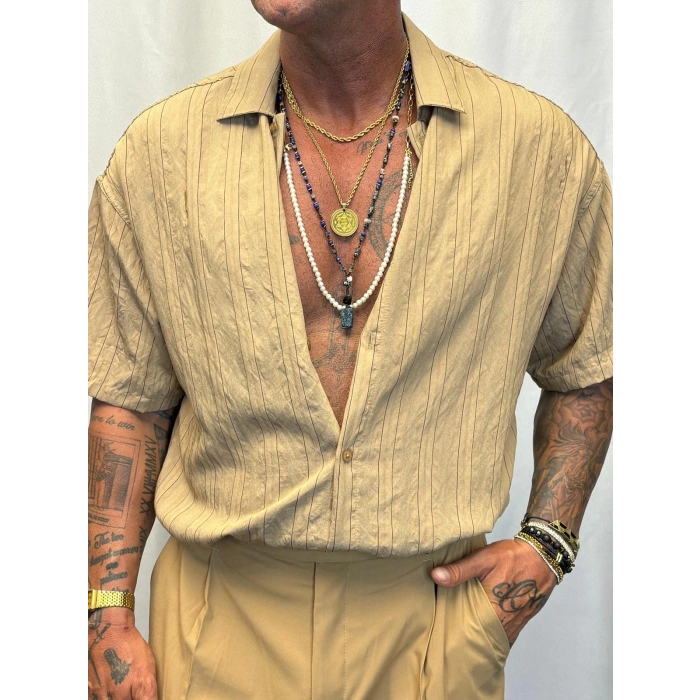 Modal Kısa Kol Çizgili Gömlek Bej