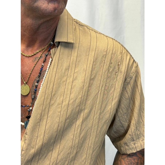 Modal Kısa Kol Çizgili Gömlek Bej