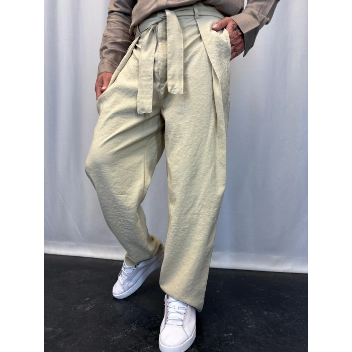 Modal Kumaş Geniş Pileli Pantolon Bej