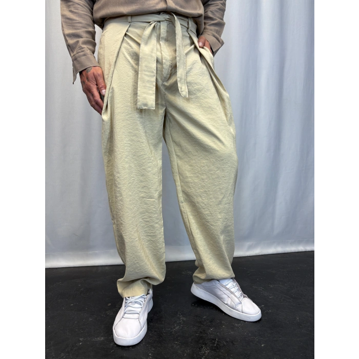 Modal Kumaş Geniş Pileli Pantolon Bej