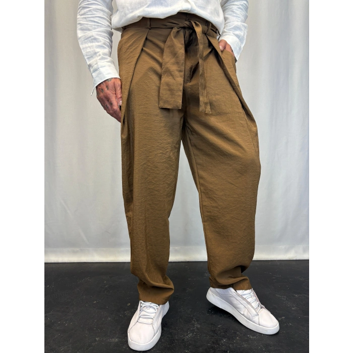 Modal Kumaş Geniş Pileli Pantolon Kahve