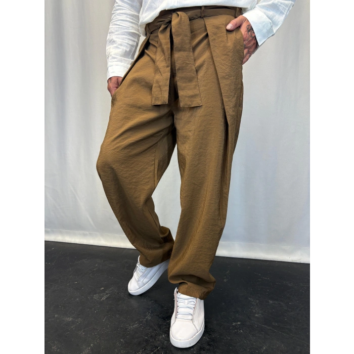 Modal Kumaş Geniş Pileli Pantolon Kahve