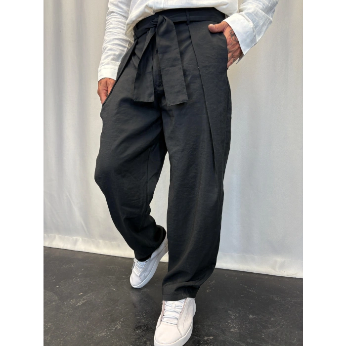 Modal Kumaş Geniş Pileli Pantolon Siyah