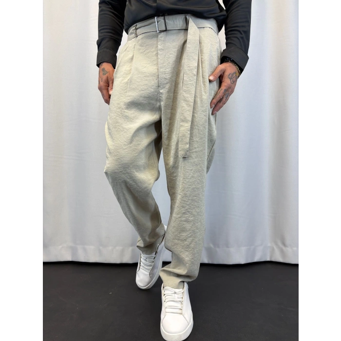 Modal Pileli Kuşaklı Pantolon Bej