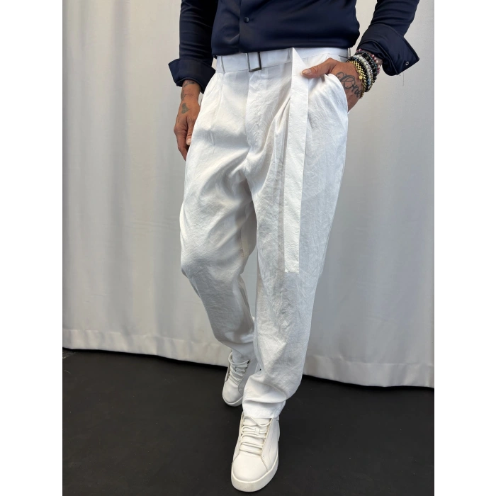 Modal Pileli Kuşaklı Pantolon Beyaz