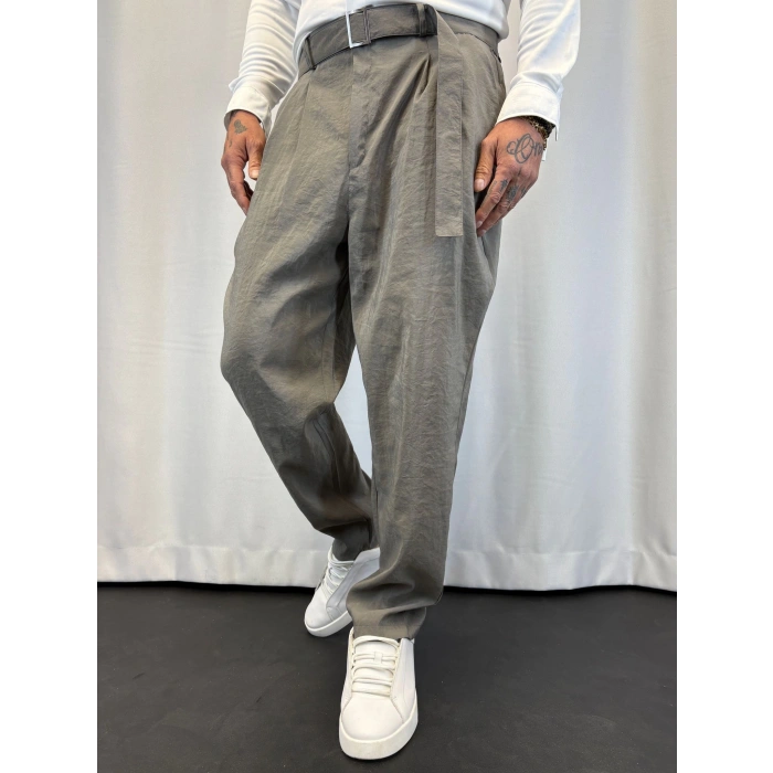 Modal Pileli Kuşaklı Pantolon Gri