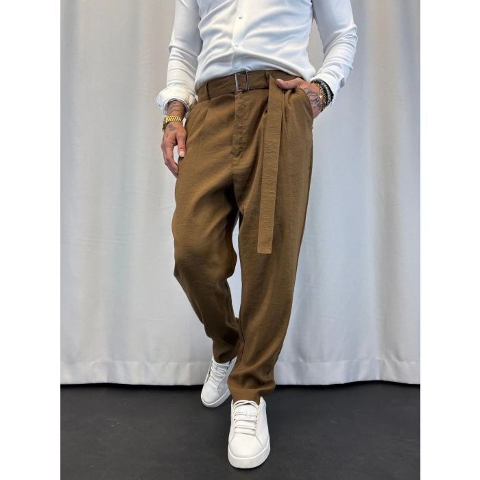 Modal Pileli Kuşaklı Pantolon Kahve