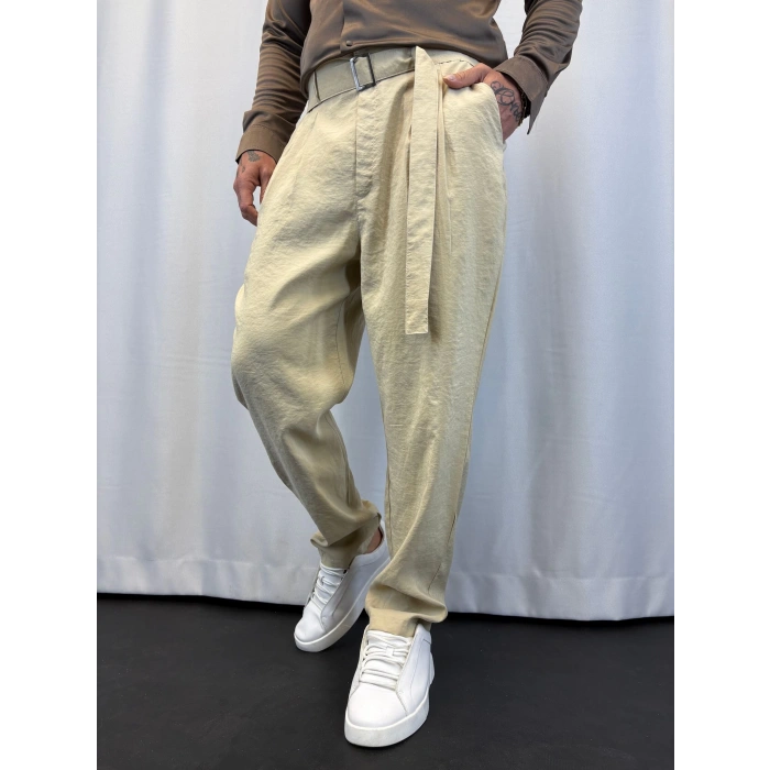 Modal Pileli Kuşaklı Pantolon Krem