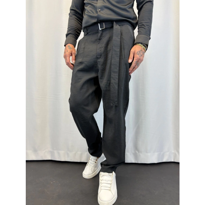 Modal Pileli Kuşaklı Pantolon Siyah