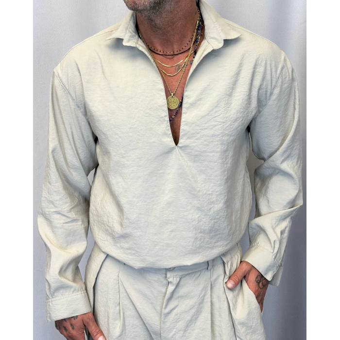 Modal V Yaka Uzun Kol Gömlek Bej