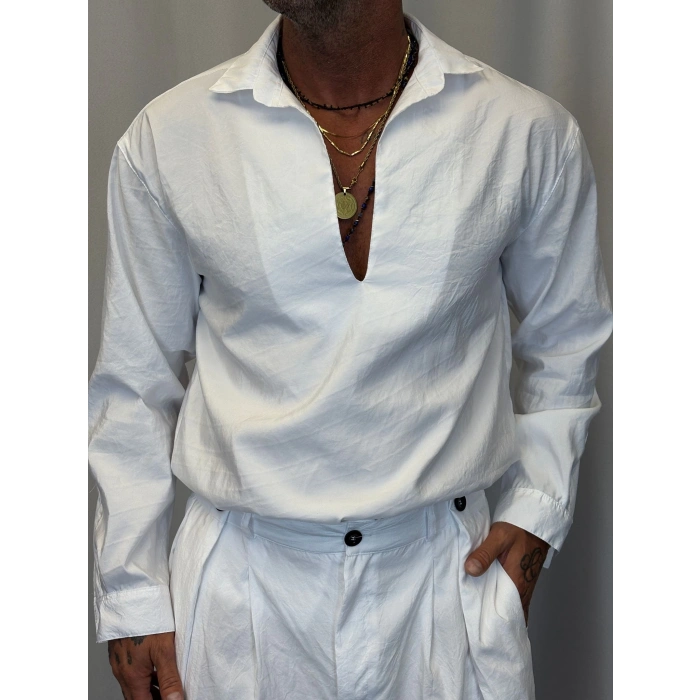 Modal V Yaka Uzun Kol Gömlek Beyaz