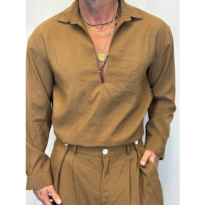 Modal V Yaka Uzun Kol Gömlek Kahve