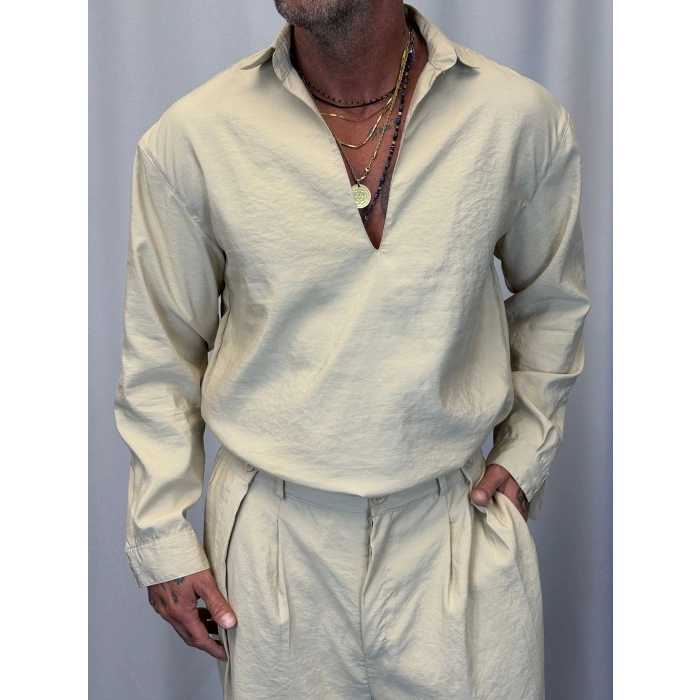 Modal V Yaka Uzun Kol Gömlek Krem