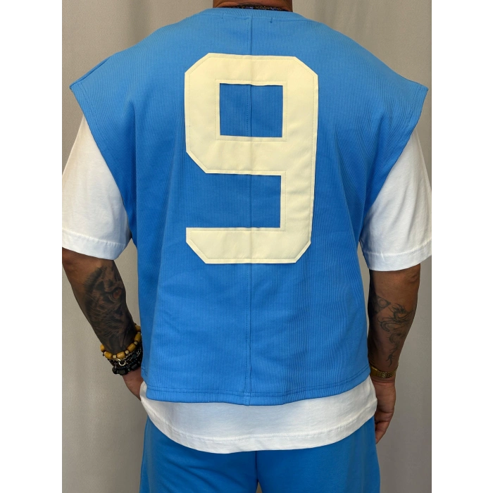 Number 9 Çift Katlı Crop + T-Shirt Mavi