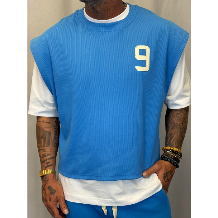 Number 9 Çift Katlı Crop + T-Shirt Mavi