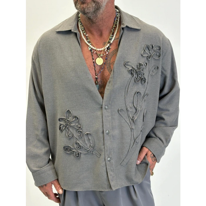 Özel Çiçek Nakış Detaylı Gömlek Gri
