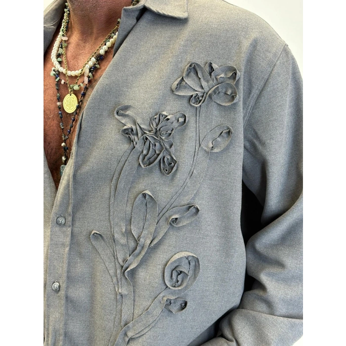 Özel Çiçek Nakış Detaylı Gömlek Gri