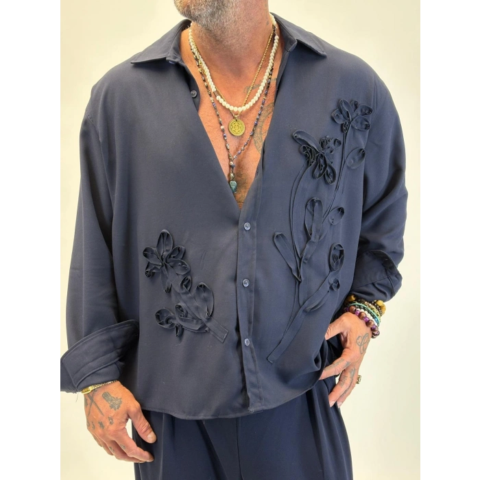 Özel Çiçek Nakış Detaylı Gömlek Lacivert