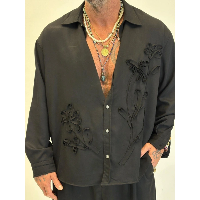 Özel Çiçek Nakış Detaylı Gömlek Siyah