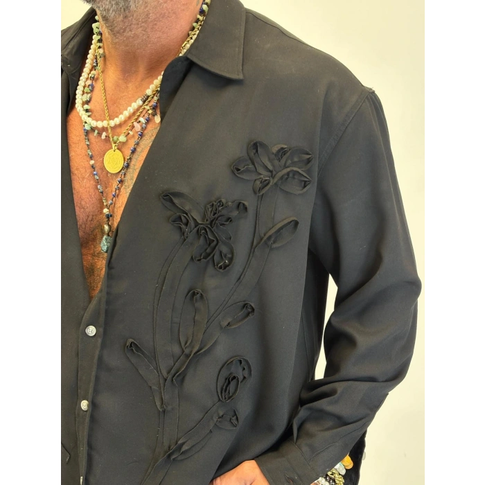 Özel Çiçek Nakış Detaylı Gömlek Siyah