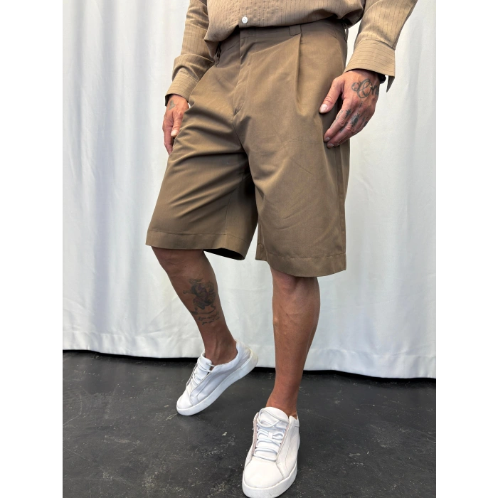 Özel Kesim Pileli Şort Kahverengi