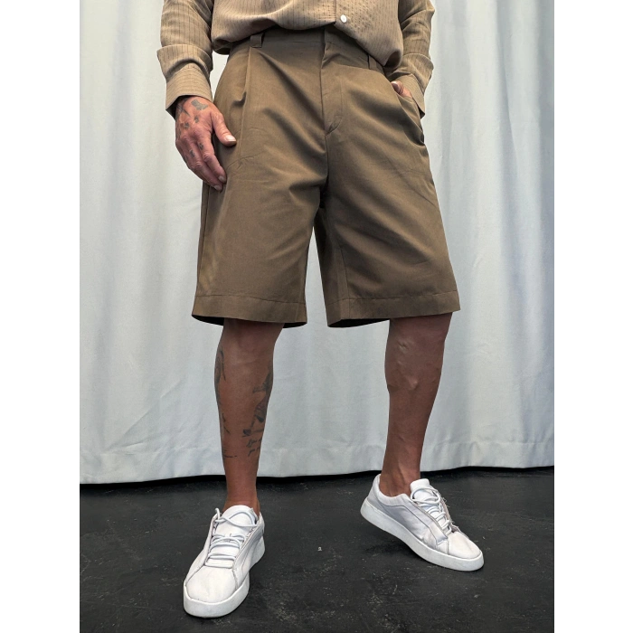 Özel Kesim Pileli Şort Kahverengi