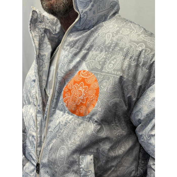 Özel Tasarım Şal Desenli Puffy Mont Gri