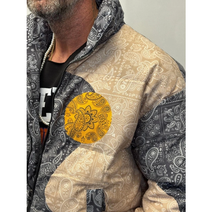 Özel Tasarım Şal Desenli Puffy Mont Siyah