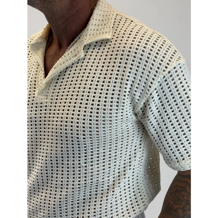 Özel Yapım Triko V Yaka T-shirt Ekru