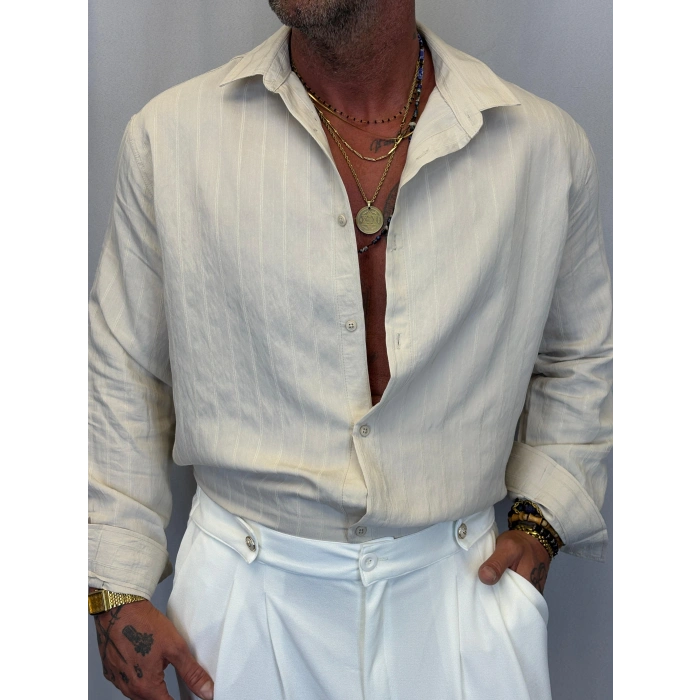 Pamuk Çizgi Desenli Gömlek Beyaz