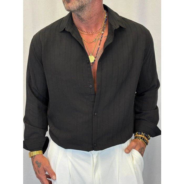 Pamuk Çizgi Desenli Gömlek Siyah