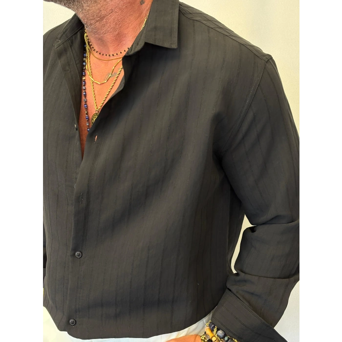 Pamuk Çizgi Desenli Gömlek Siyah