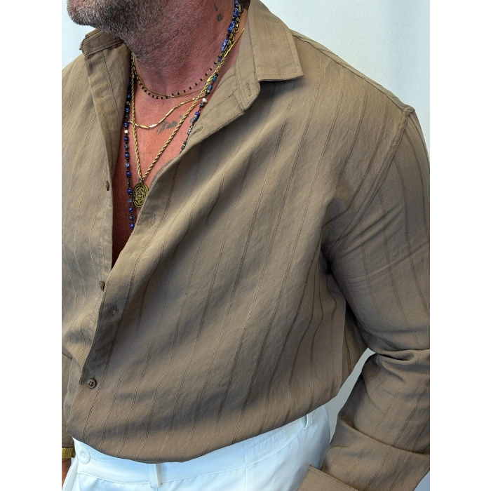 Pamuk Çizgi Desenli Gömlek Vizon