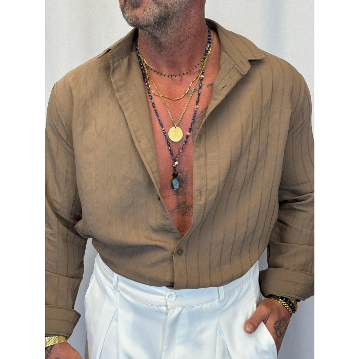 Pamuk Çizgi Desenli Gömlek Vizon