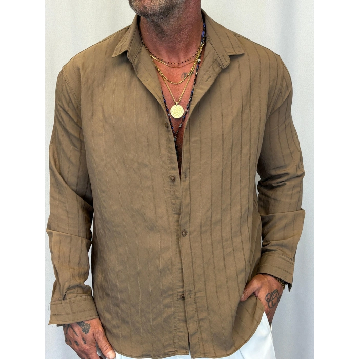 Pamuk Çizgi Desenli Gömlek Vizon