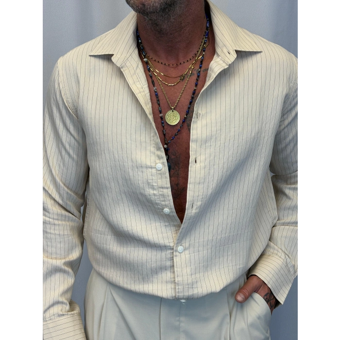 Pamuk İnce Çizgili Gömlek Bej