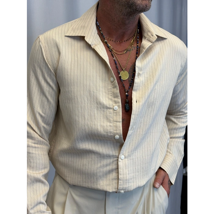 Pamuk İnce Çizgili Gömlek Bej