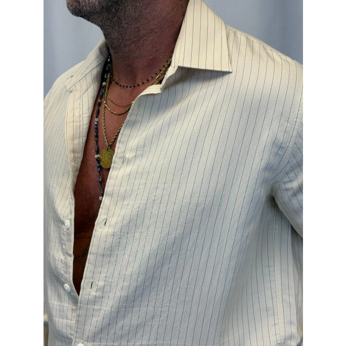 Pamuk İnce Çizgili Gömlek Bej