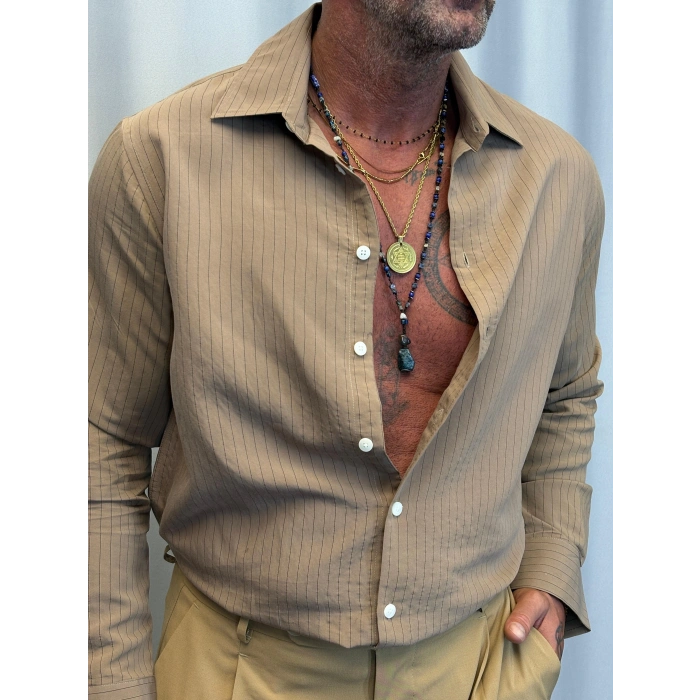 Pamuk İnce Çizgili Gömlek Vizon