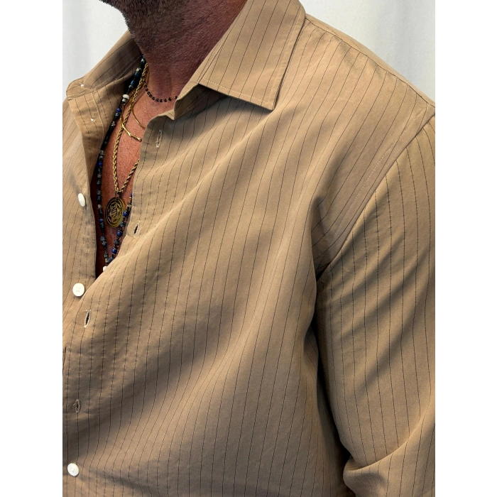 Pamuk İnce Çizgili Gömlek Vizon