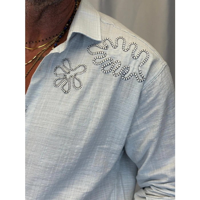 Pamuk Nakışlı Gömlek Açık Gri