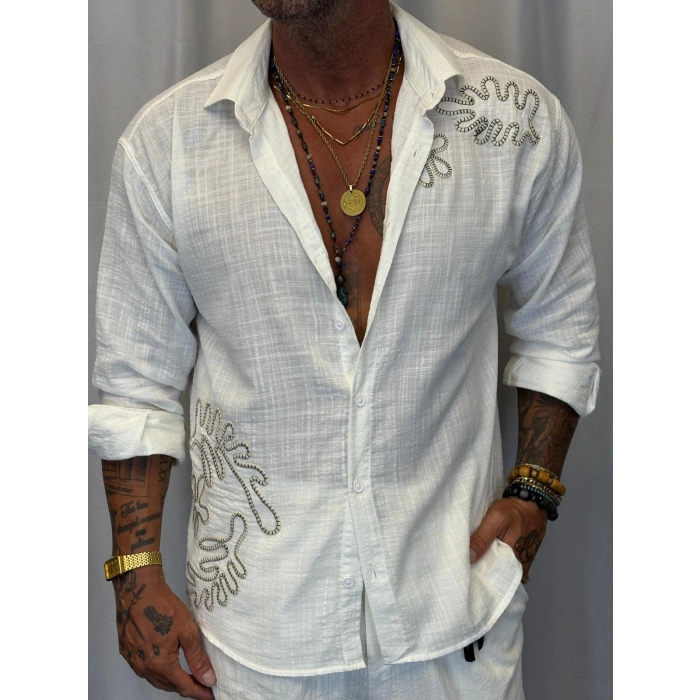 Pamuk Nakışlı Gömlek Beyaz