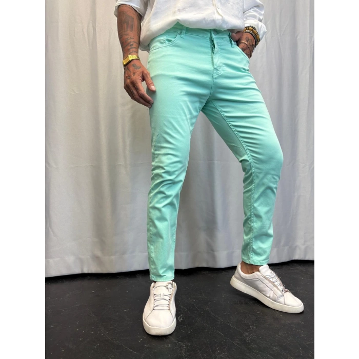 Pamuk Saten Likralı Pantolon Mint Yeşili