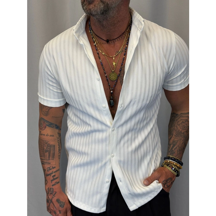 Pamuk Viskon Likralı Kendinden Çizgili Gömlek Beyaz